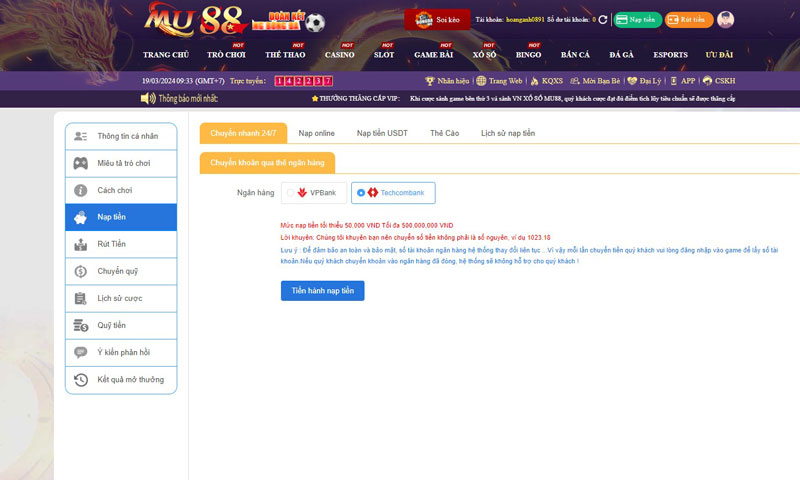 nạp tiền Mu88